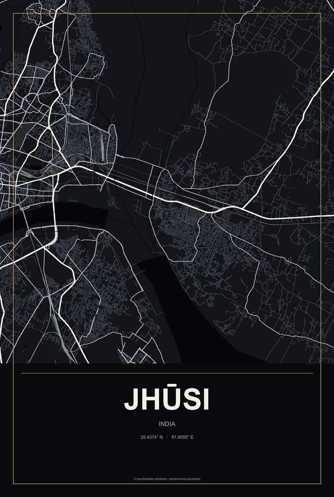Jhūsi, India City Map Aluminum Sign in Metropolitan Noir style