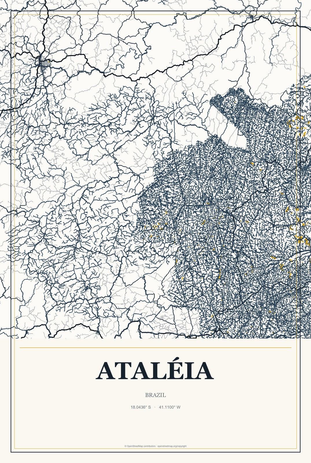 Ataléia, Brazil City Map Aluminum Sign in Citrine Modern style