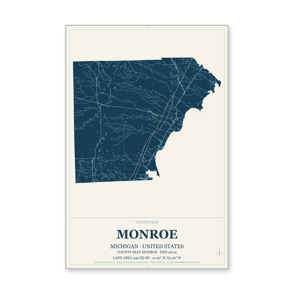 Monroe County, Michigan Map Aluminum Sign in Coastal Cutout style