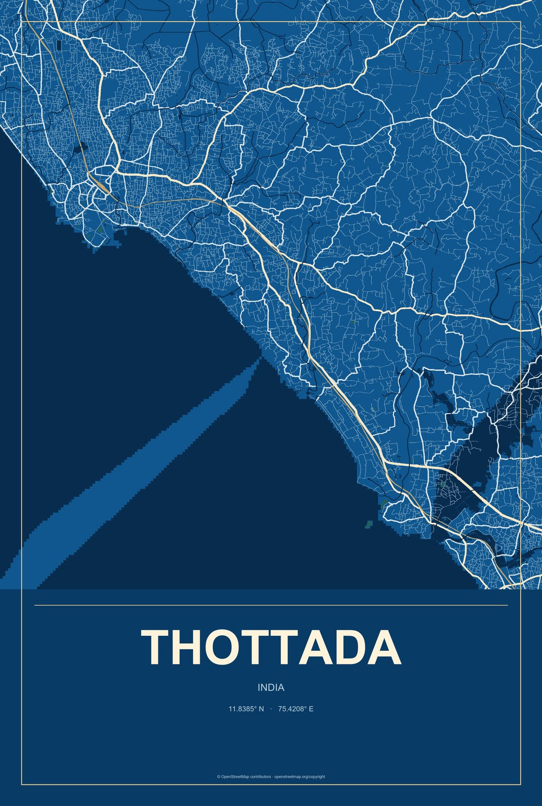 Thottada, India City Map Aluminum Sign in Harbor Cobalt style