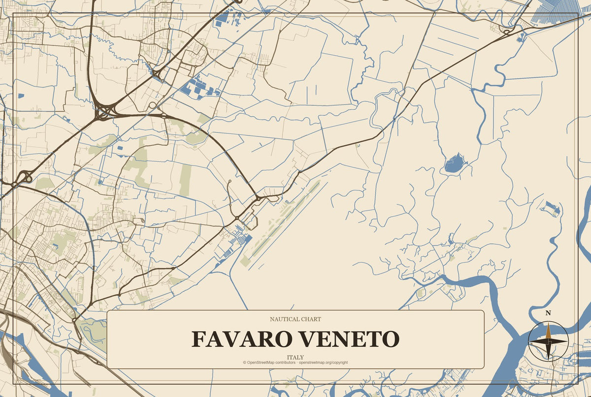 Favaro Veneto, Italy City Map Aluminum Sign in Heritage Nautical style