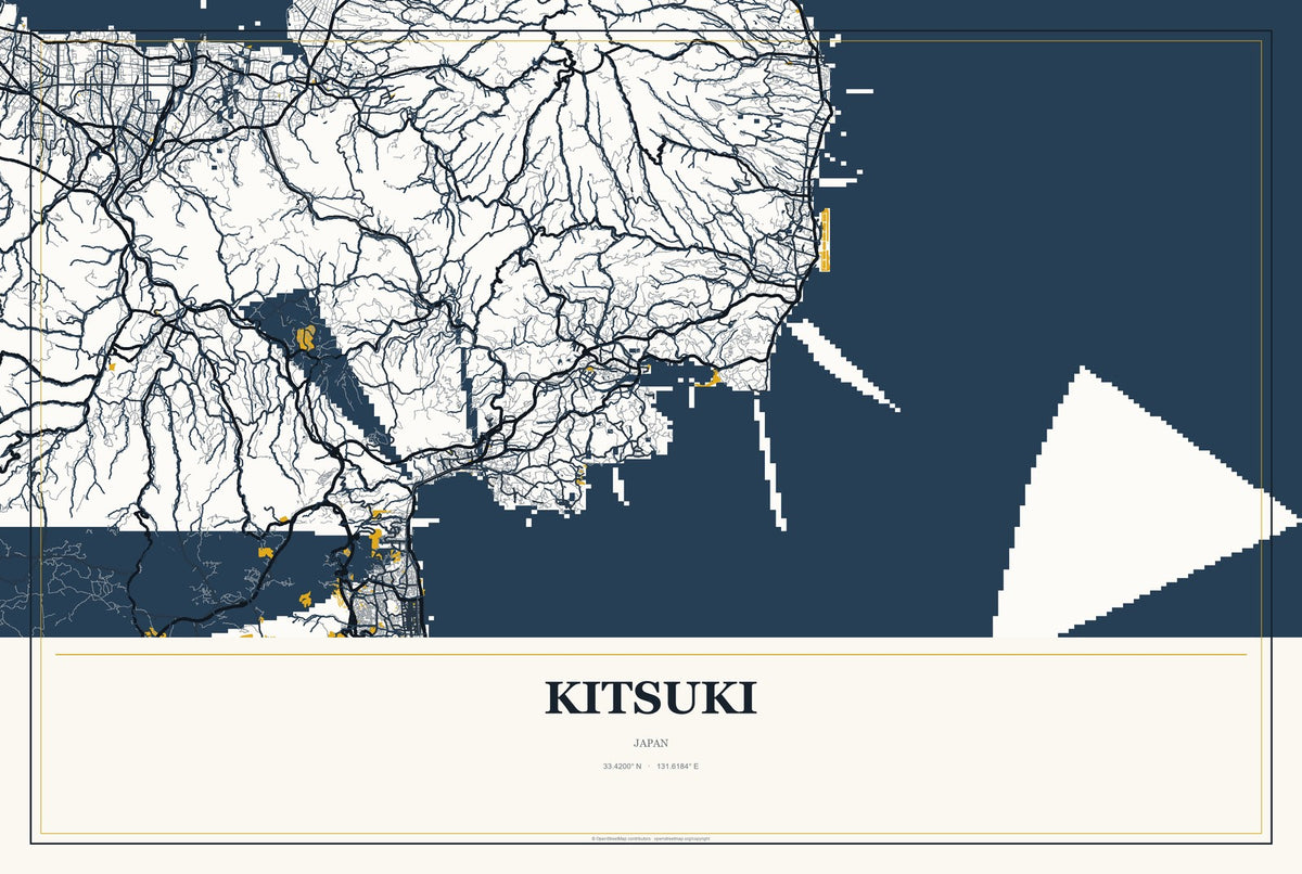 Kitsuki, Japan City Map Aluminum Sign in Citrine Modern style