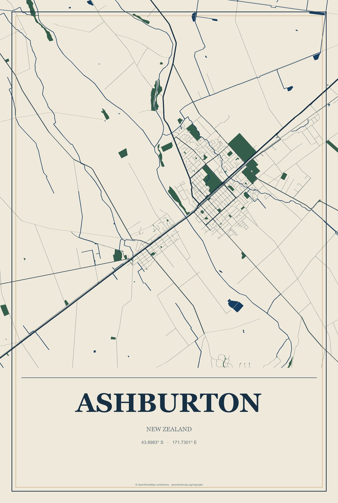 Ashburton, New Zealand City Map Aluminum Sign in Coastal Cutout style