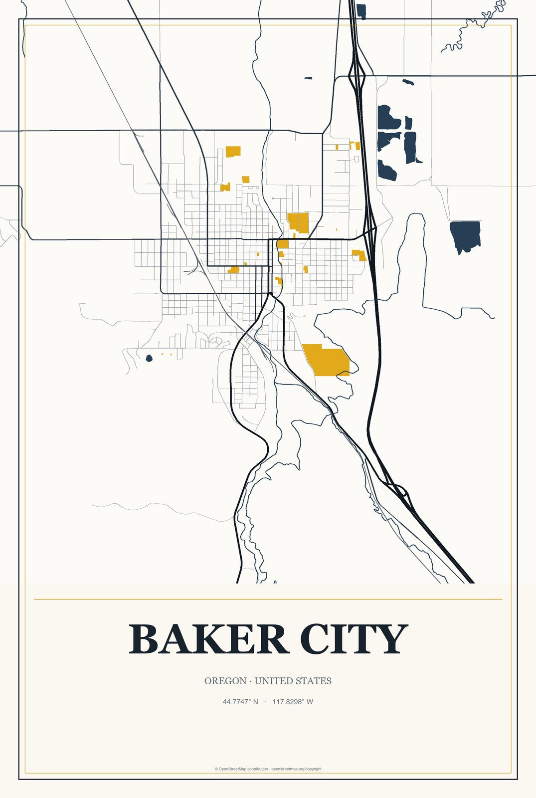 Baker City, Oregon City Map Aluminum Sign in Citrine Modern style