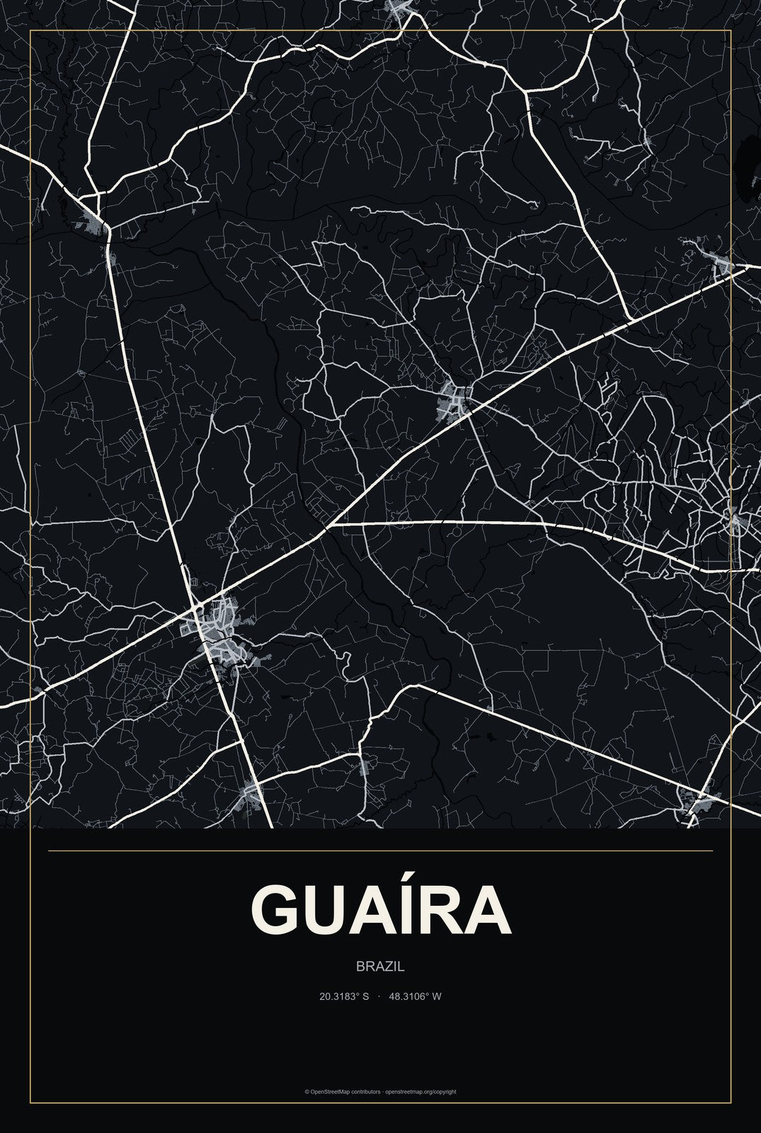 Guaíra, Paraná, Brazil City Map Aluminum Sign in Metropolitan Noir style