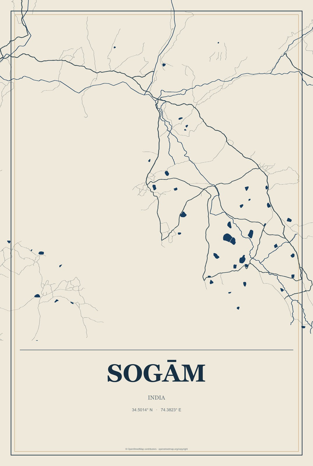 Sogām, India City Map Aluminum Sign in Coastal Cutout style