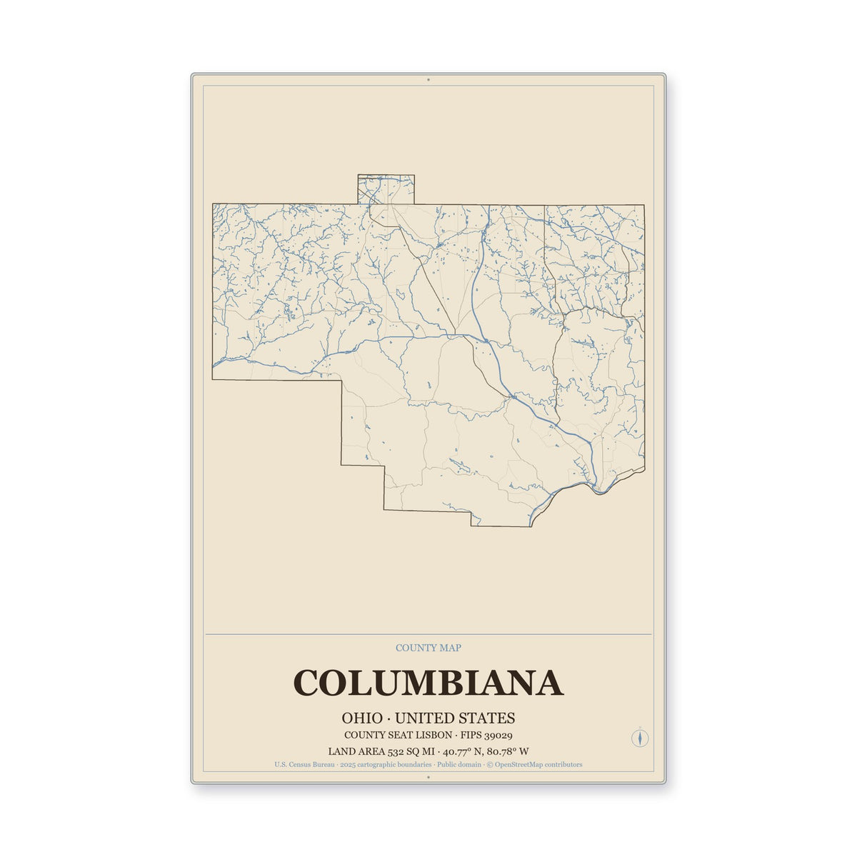 Columbiana County, Ohio Map Aluminum Sign in Heritage Nautical style