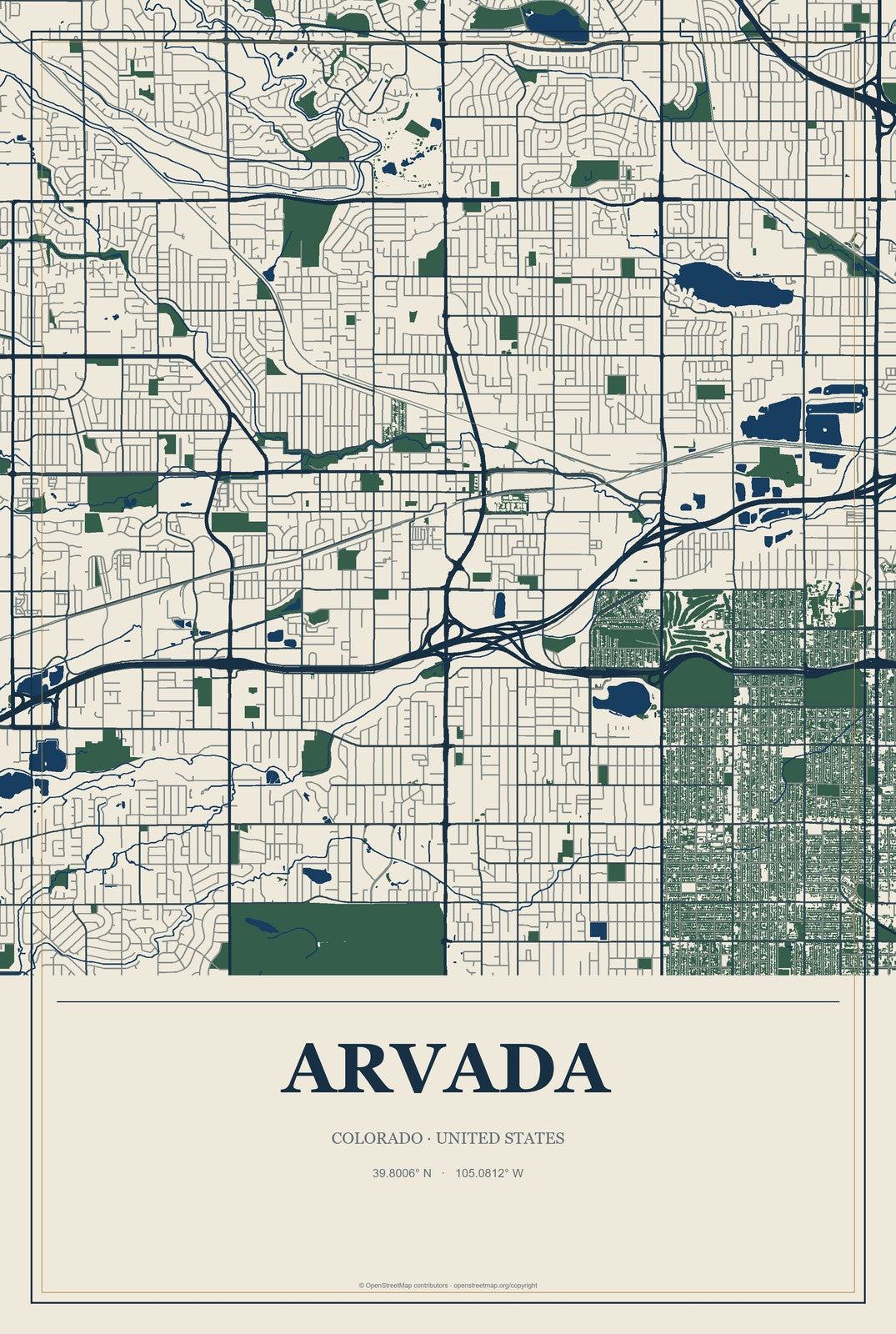 Arvada, Colorado City Map Aluminum Sign in Coastal Cutout style