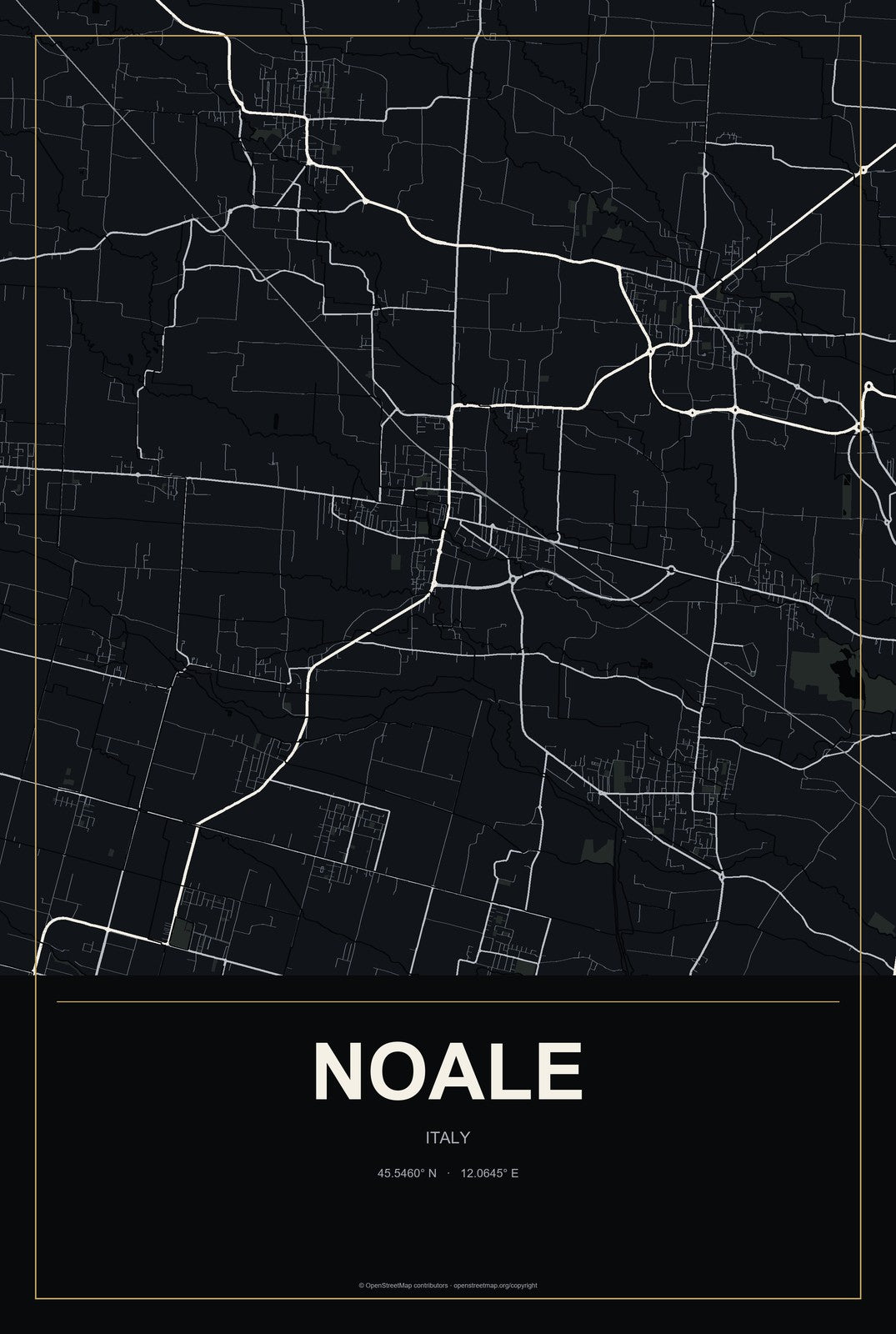 Noale, Italy City Map Aluminum Sign in Metropolitan Noir style