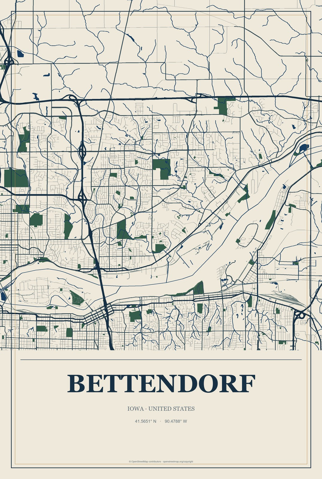 Bettendorf, Iowa City Map Aluminum Sign in Coastal Cutout style