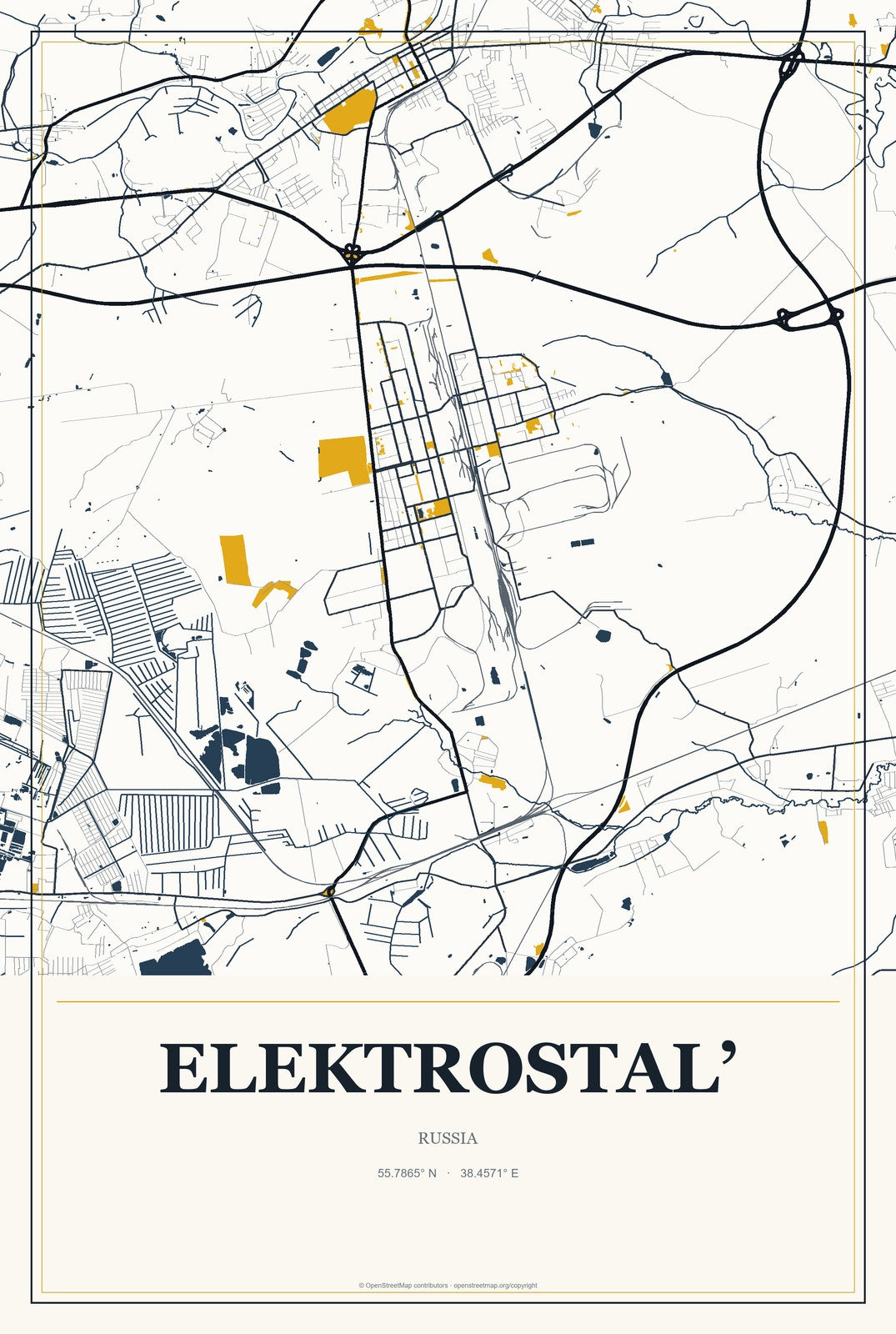 Elektrostal’, Russia City Map Aluminum Sign in Citrine Modern style