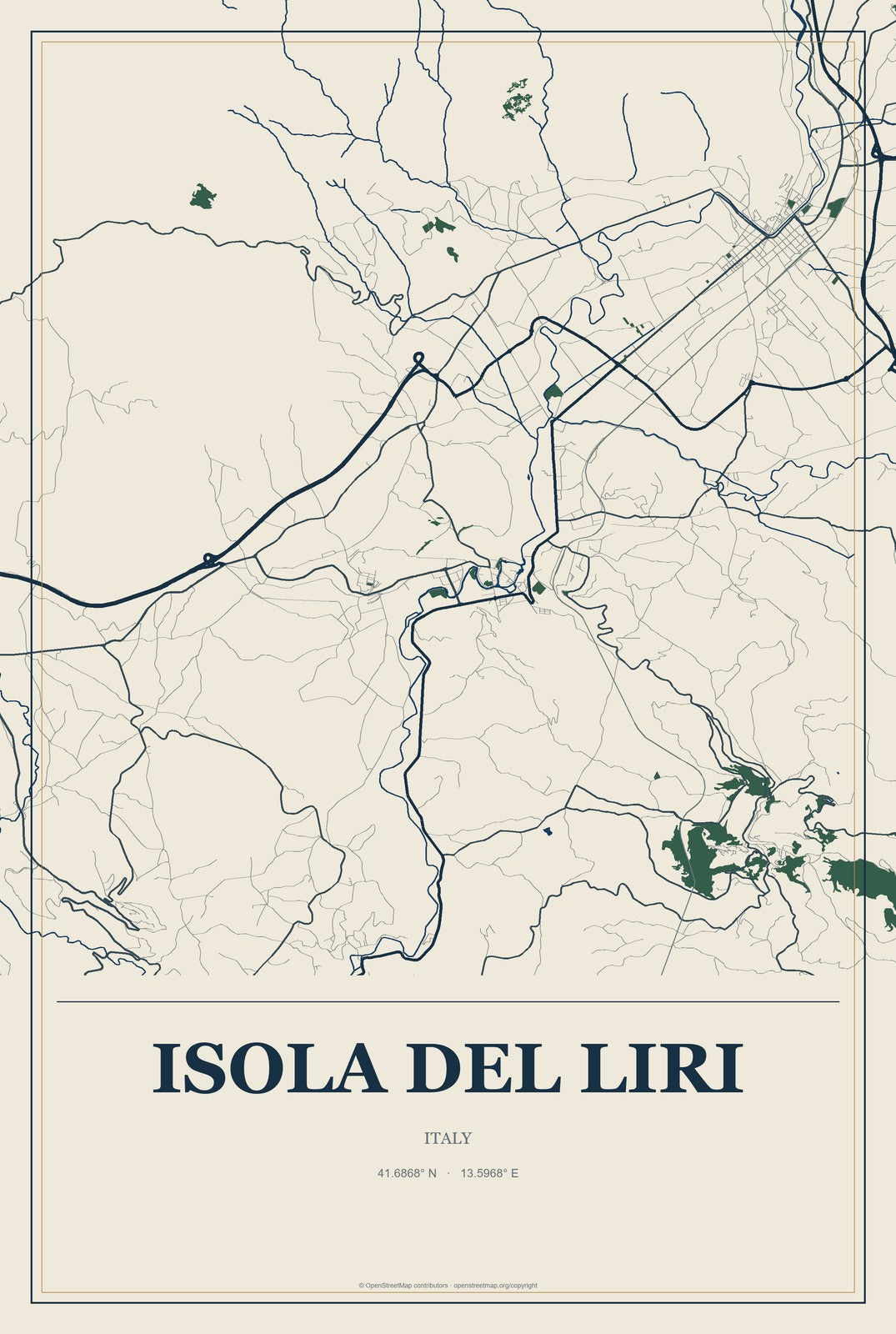 Isola del Liri, Italy City Map Aluminum Sign in Coastal Cutout style