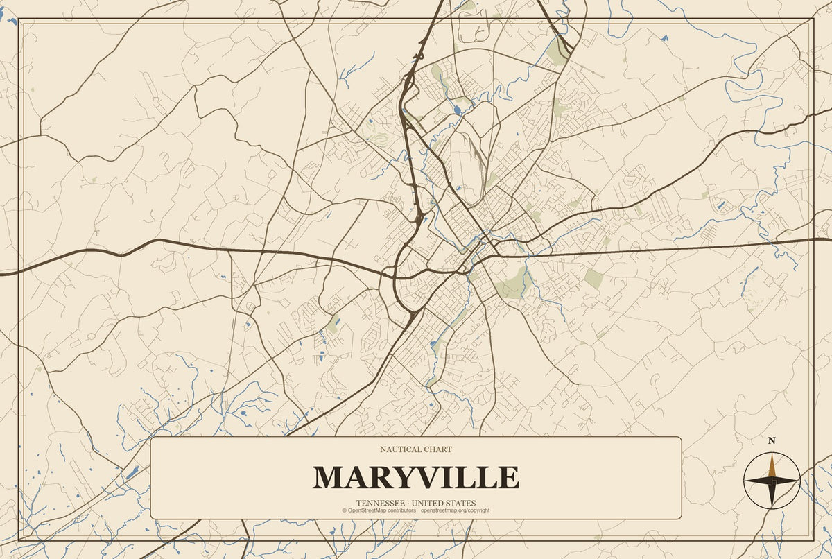 Maryville, Tennessee City Map Aluminum Sign in Heritage Nautical style