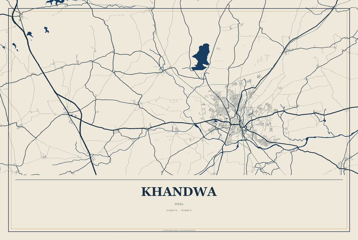 Khandwa, India City Map Aluminum Sign in Coastal Cutout style