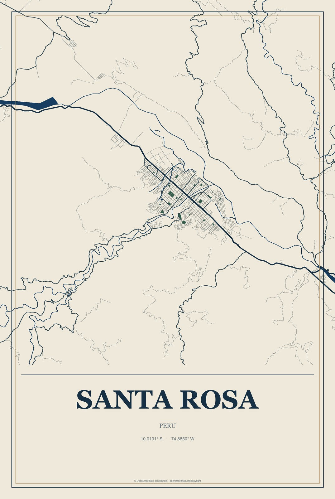 Santa Rosa, Junin, Peru City Map Aluminum Sign in Coastal Cutout style