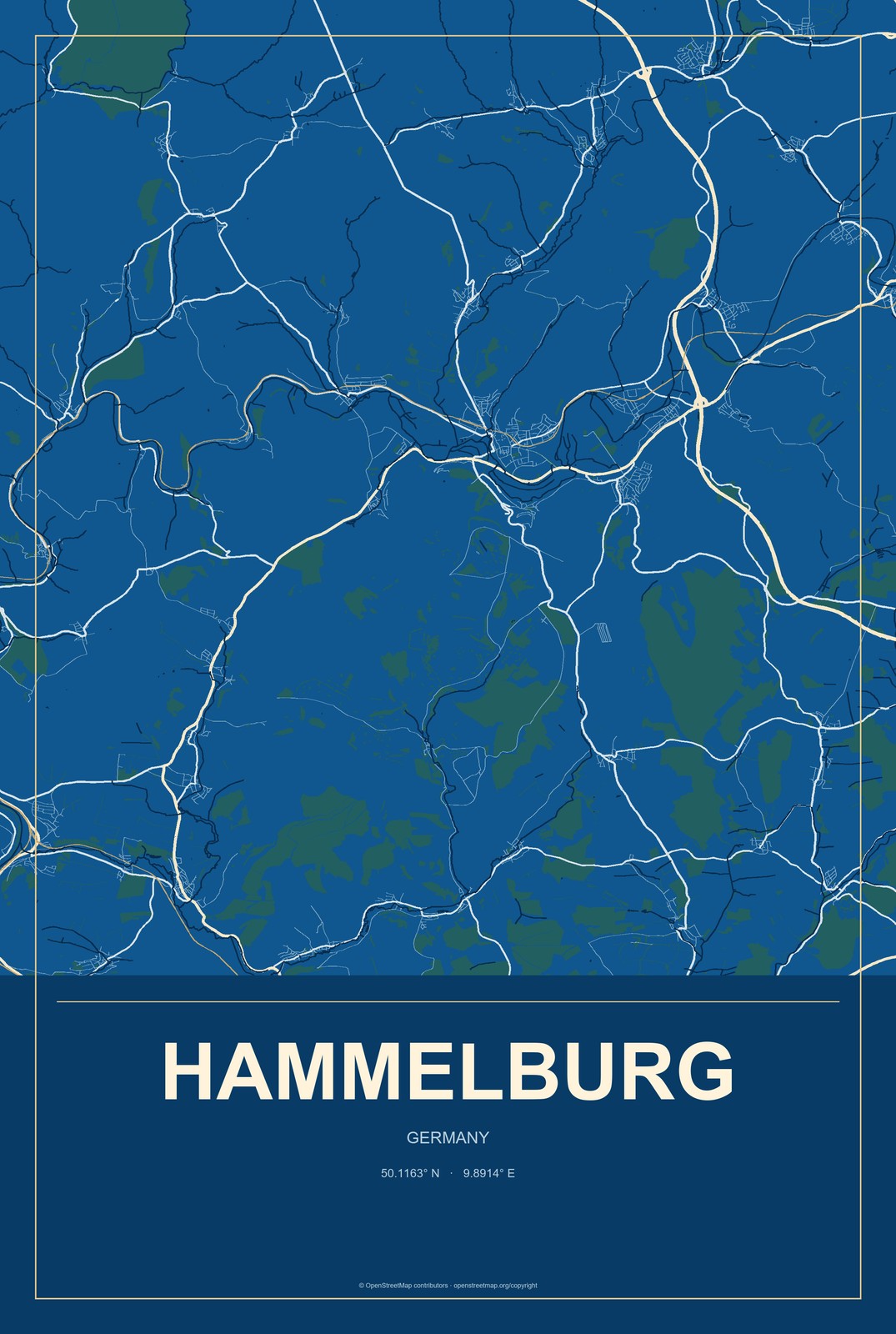 Hammelburg, Germany City Map Aluminum Sign in Harbor Cobalt style
