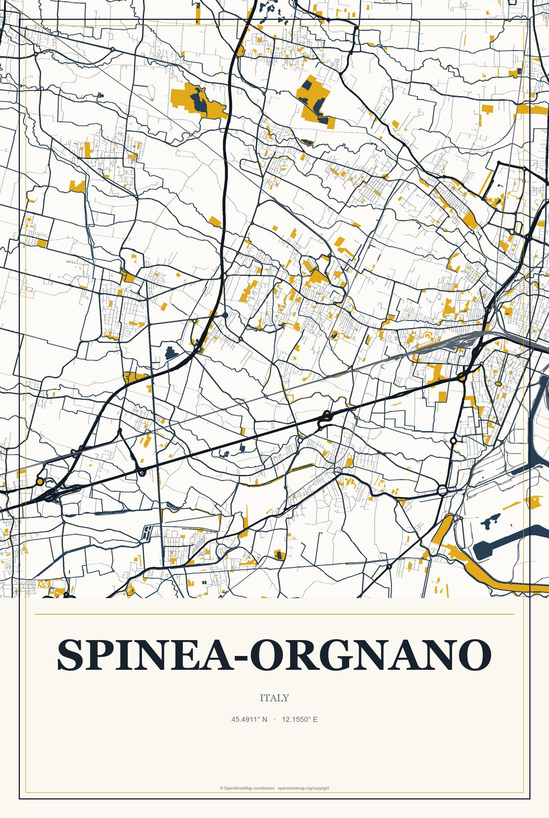 Spinea-Orgnano, Italy City Map Aluminum Sign in Citrine Modern style