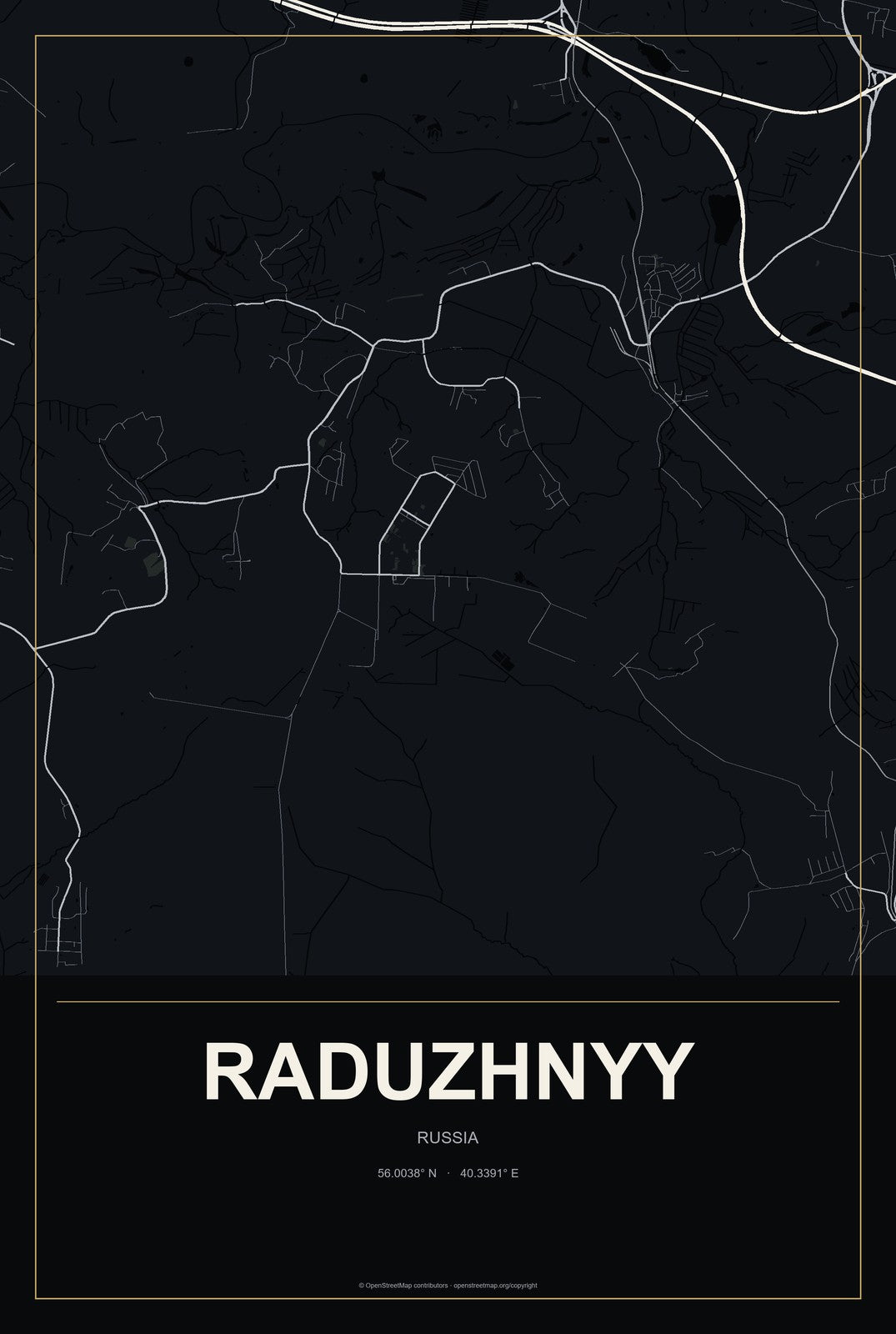 Raduzhnyy, Vladimir Oblast, Russia City Map Aluminum Sign in Metropolitan Noir style