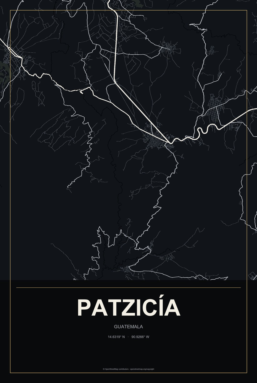 Patzicía, Guatemala City Map Aluminum Sign in Metropolitan Noir style