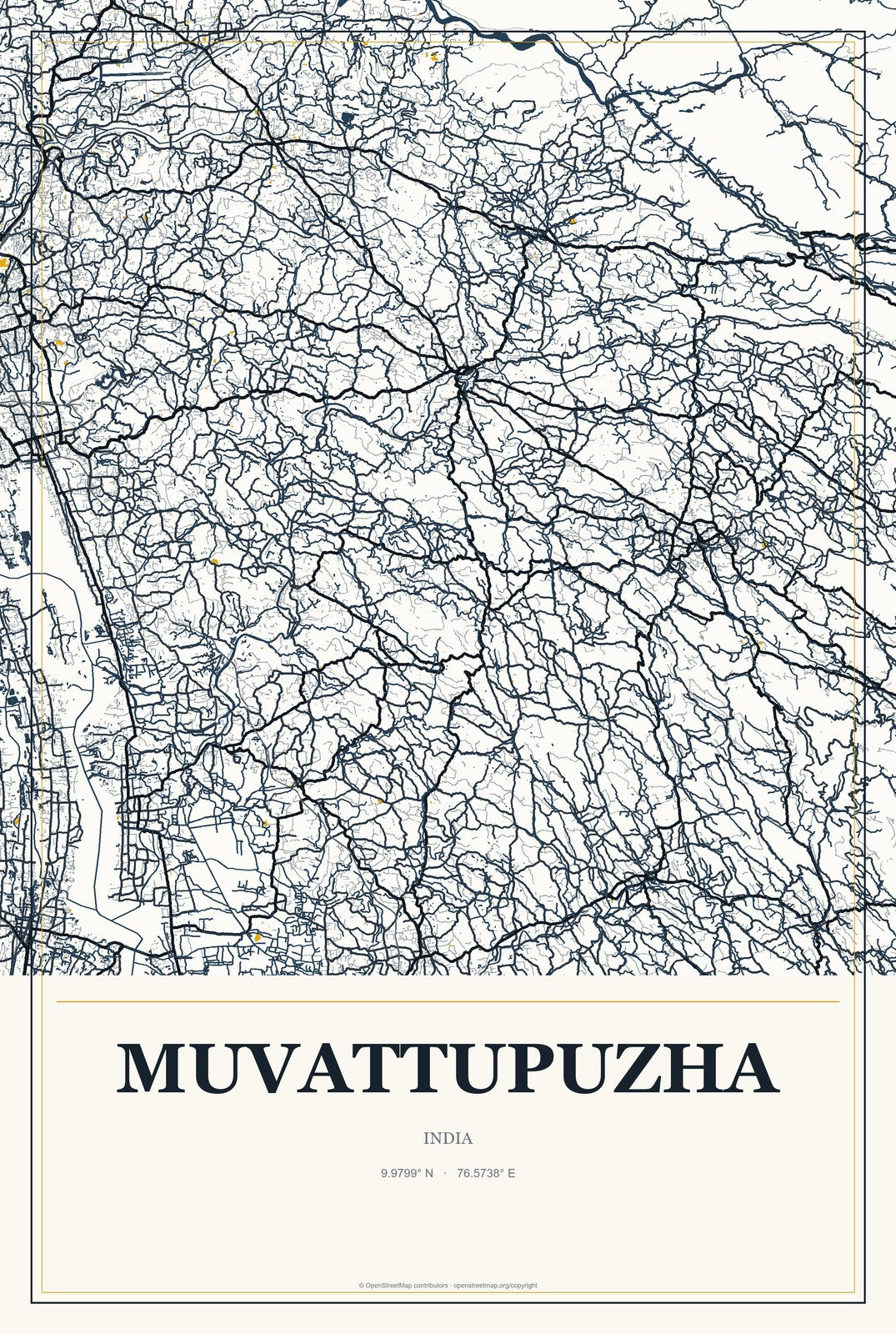 Muvattupuzha, India City Map Aluminum Sign in Citrine Modern style