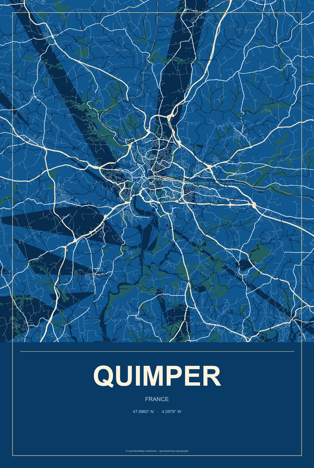 Quimper, France City Map Aluminum Sign in Harbor Cobalt style