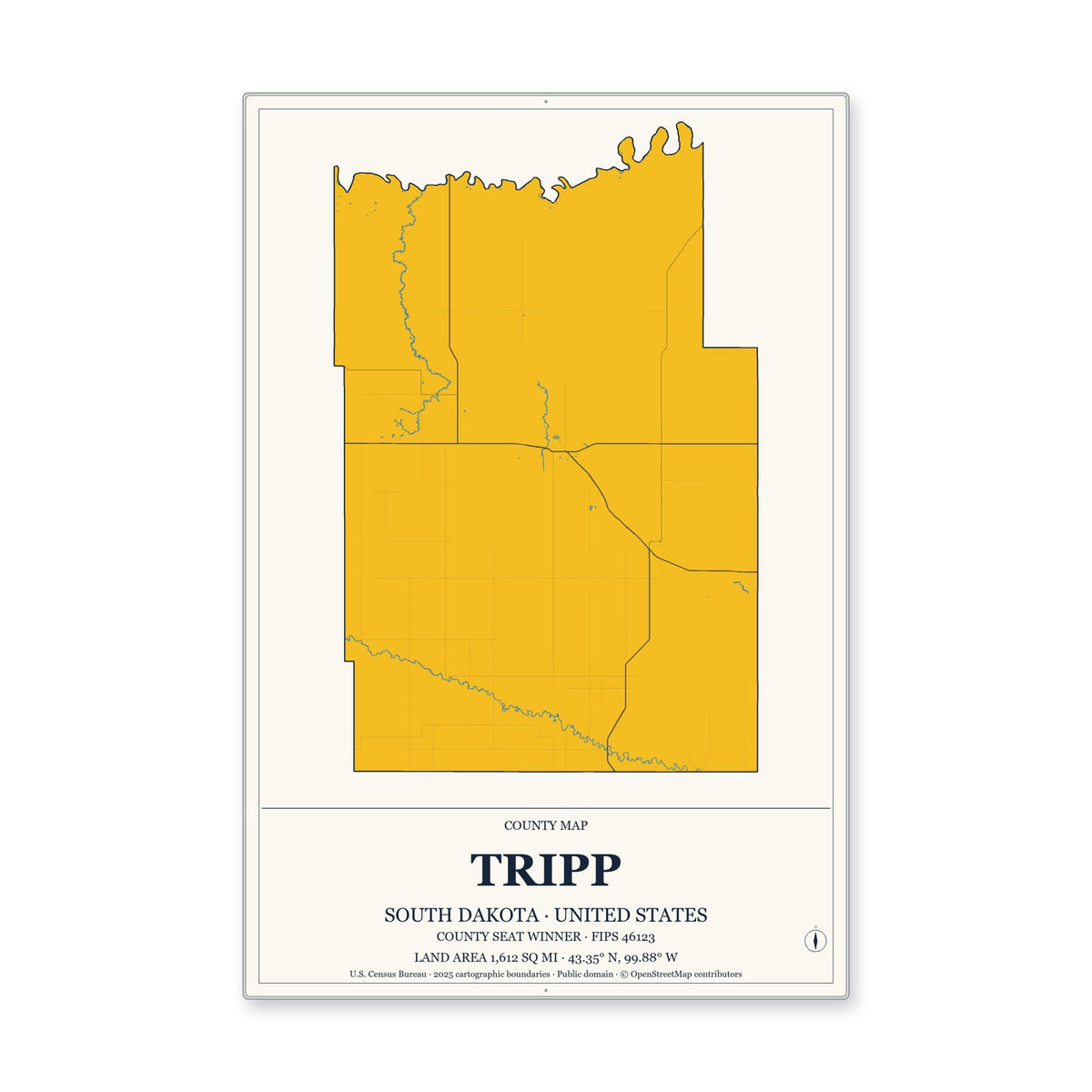 Tripp County, South Dakota Map Aluminum Sign in Citrine Modern style
