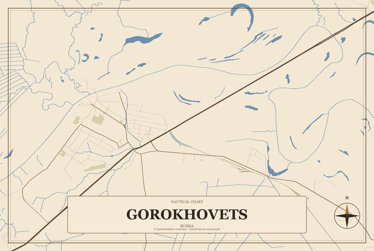 Gorokhovets, Russia City Map Aluminum Sign in Heritage Nautical style