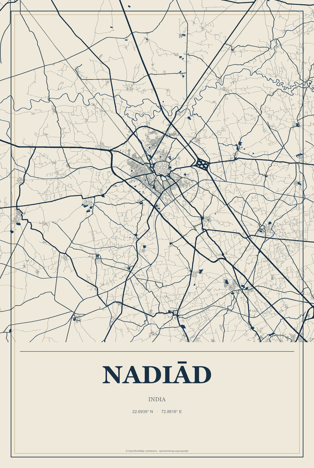 Nadiād, India City Map Aluminum Sign in Coastal Cutout style
