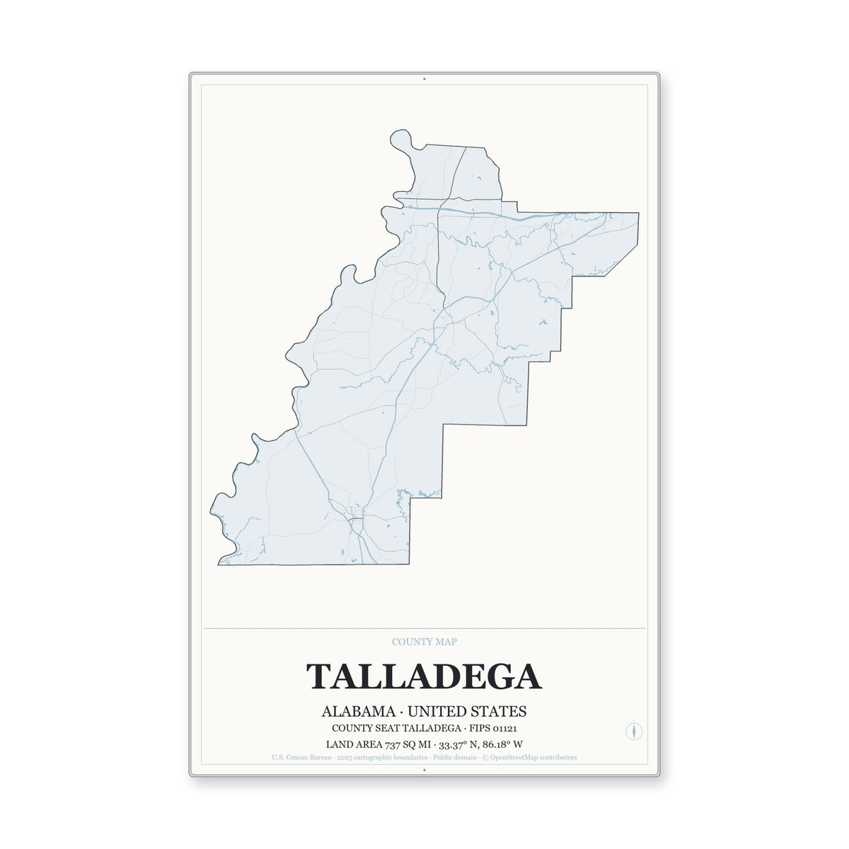 Talladega County, Alabama Map Aluminum Sign in Gallery Air style