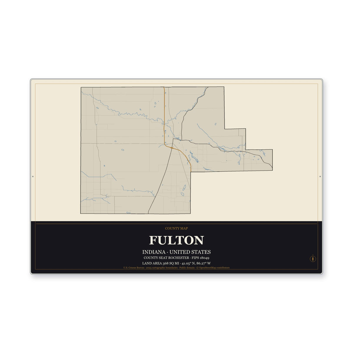 Fulton County, Indiana Map Aluminum Sign in Museum Plaque style
