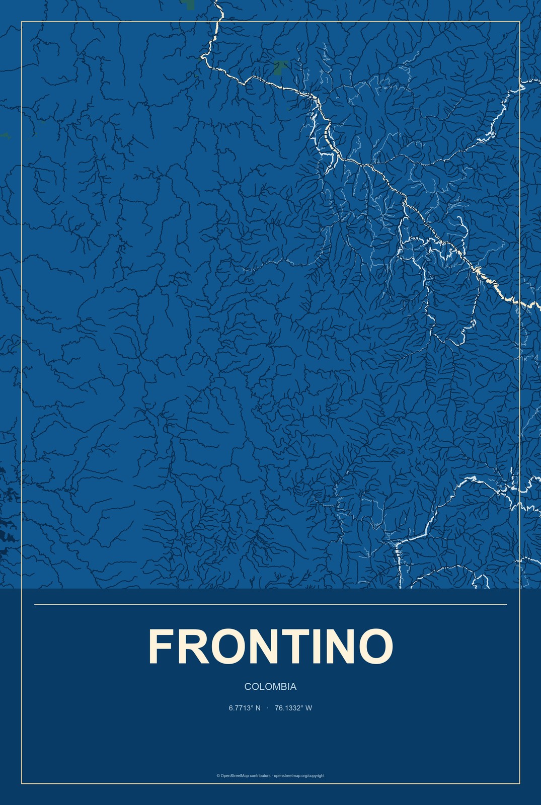 Frontino, Colombia City Map Aluminum Sign in Harbor Cobalt style