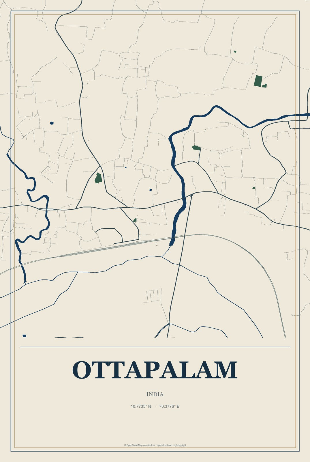Ottapalam, India City Map Aluminum Sign in Coastal Cutout style