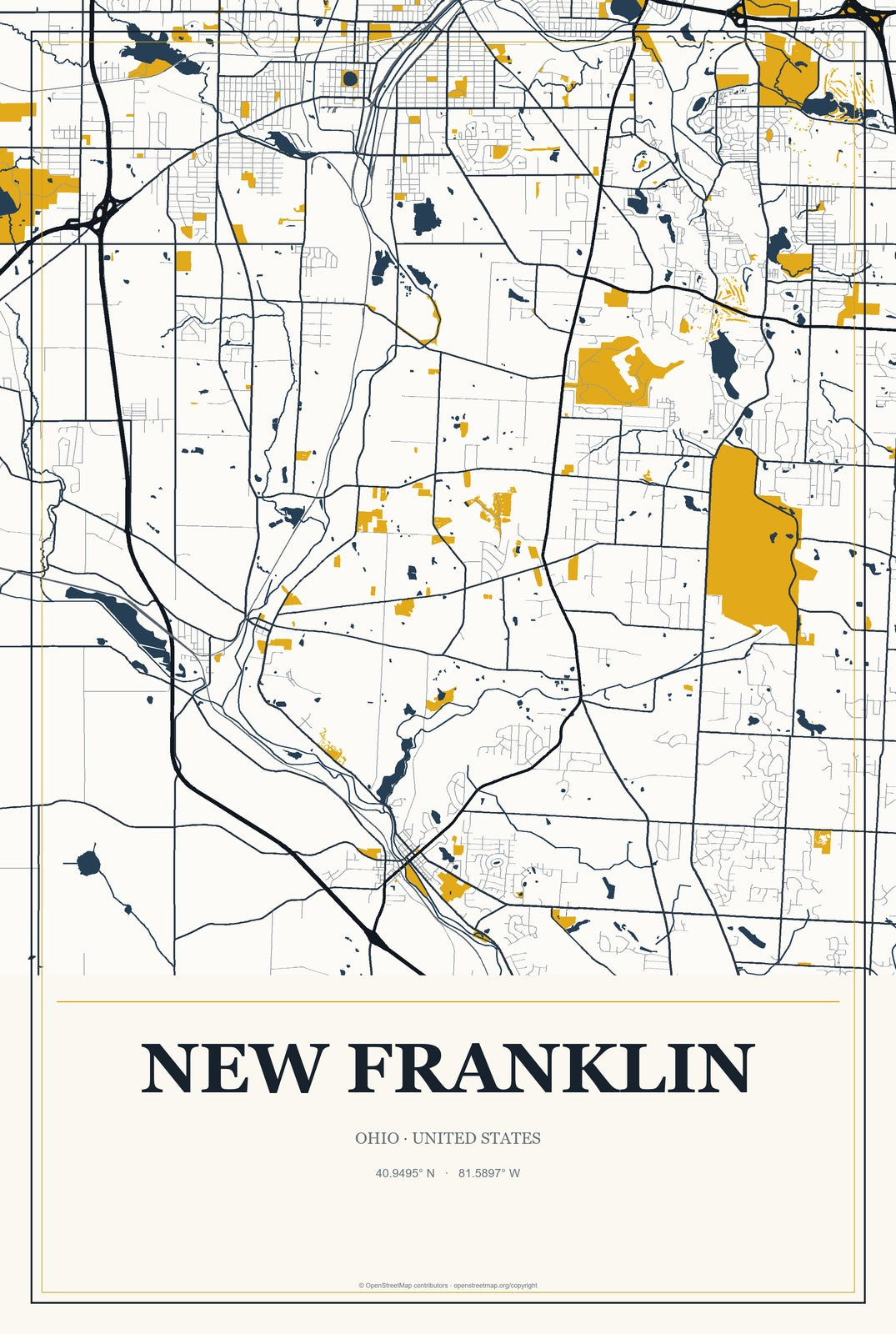 New Franklin, Ohio City Map Aluminum Sign in Citrine Modern style