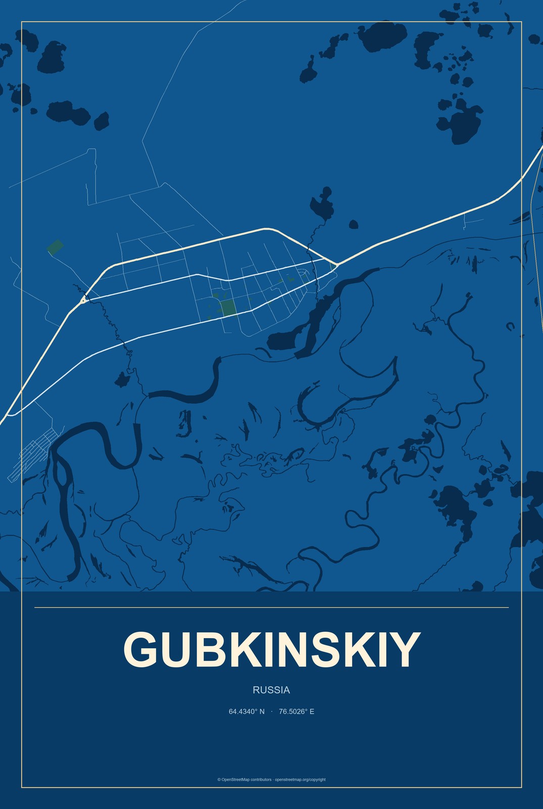 Gubkinskiy, Russia City Map Aluminum Sign in Harbor Cobalt style