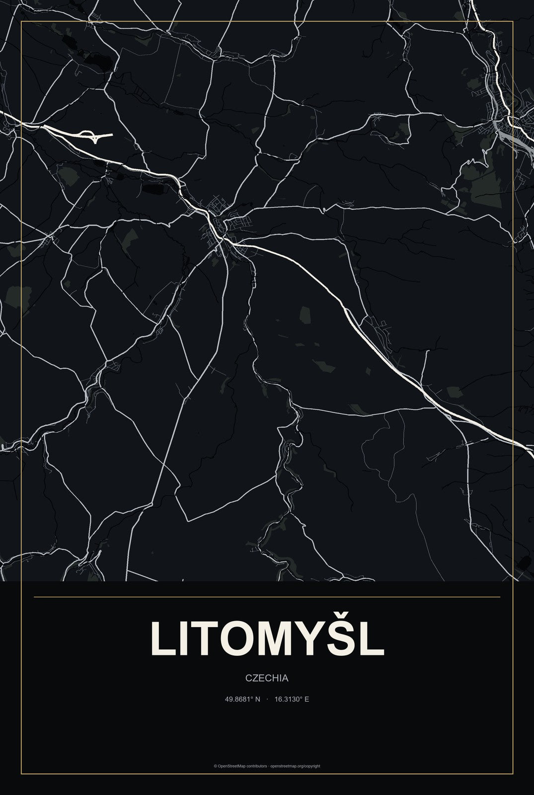 Litomyšl, Czechia City Map Aluminum Sign in Metropolitan Noir style