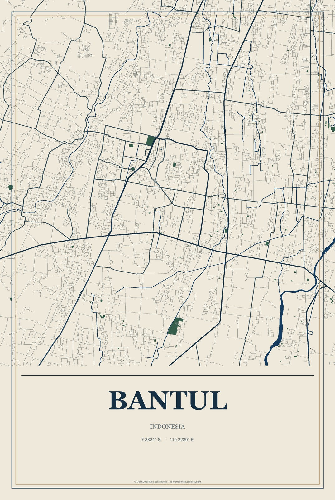Bantul, Indonesia City Map Aluminum Sign in Coastal Cutout style