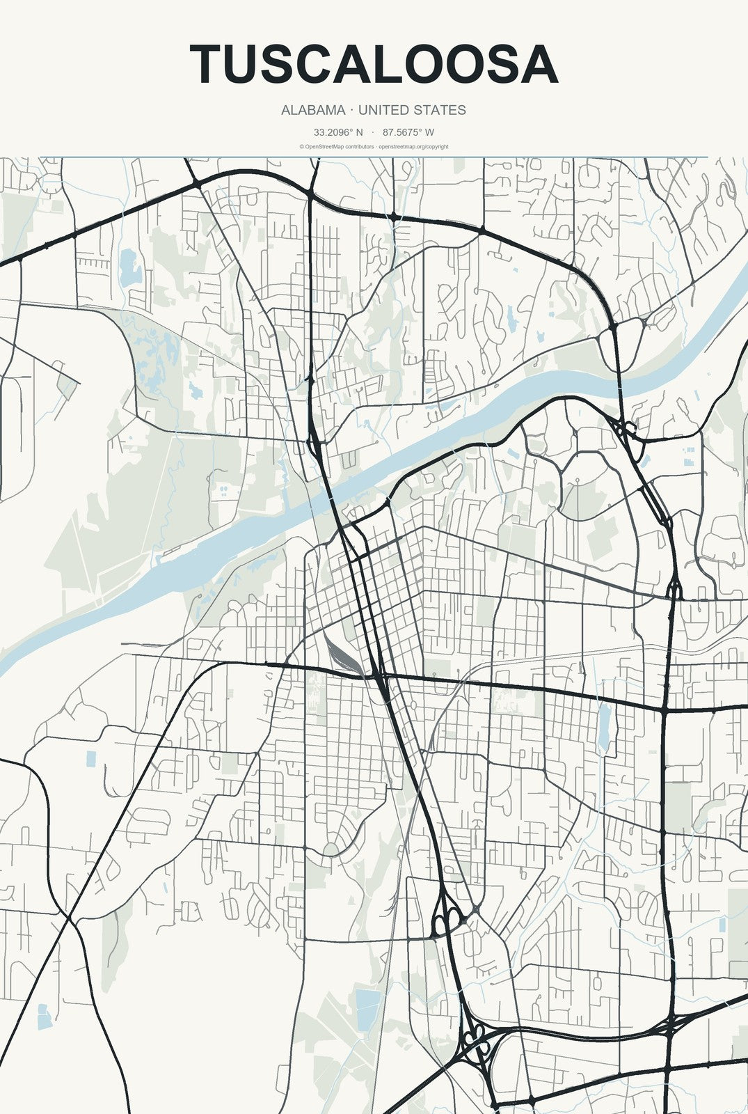 Tuscaloosa, Alabama City Map Aluminum Sign in Headline Atlas style
