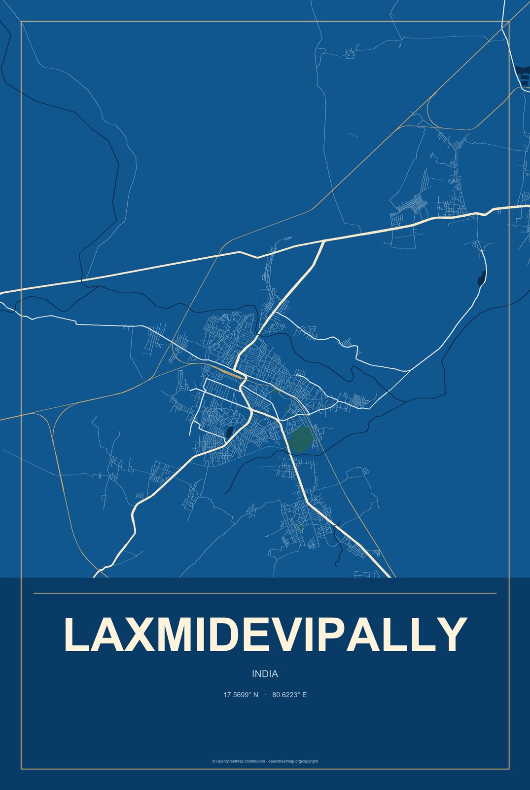 Laxmidevipally, India City Map Aluminum Sign in Harbor Cobalt style