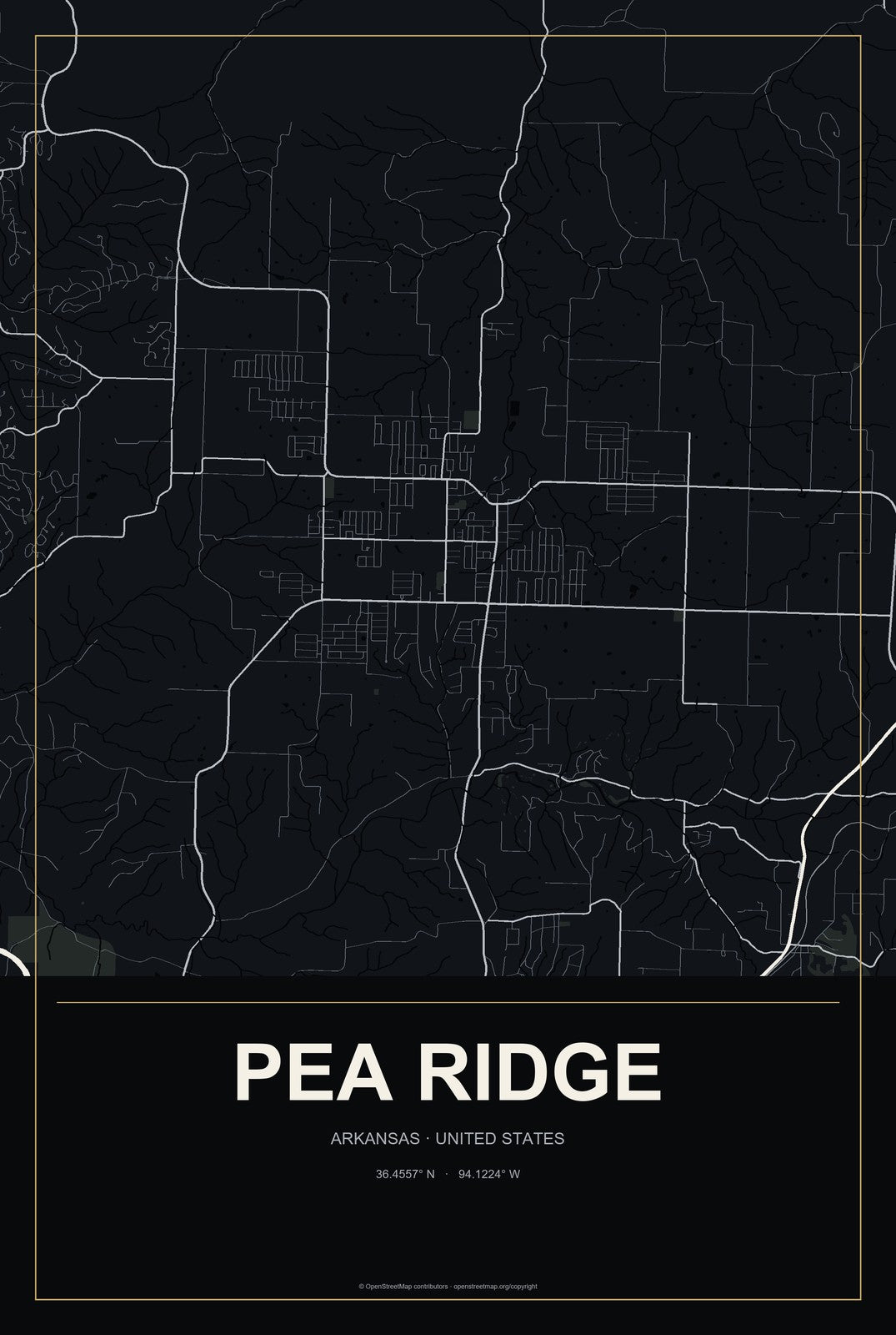 Pea Ridge, Arkansas City Map Aluminum Sign in Metropolitan Noir style