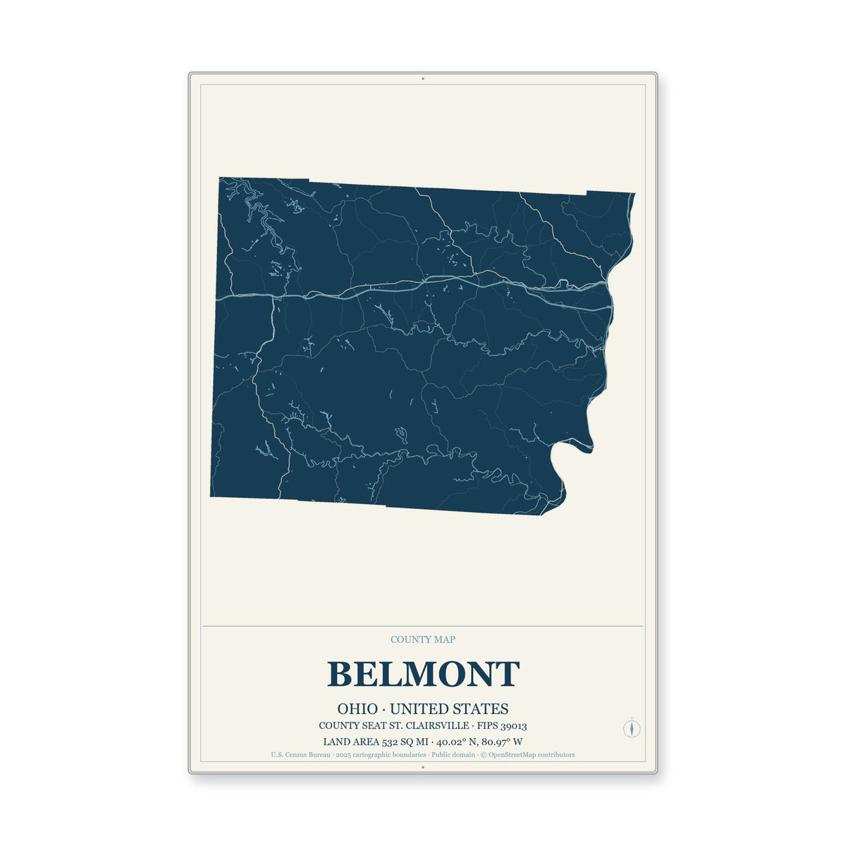 Belmont County, Ohio Map Aluminum Sign in Coastal Cutout style