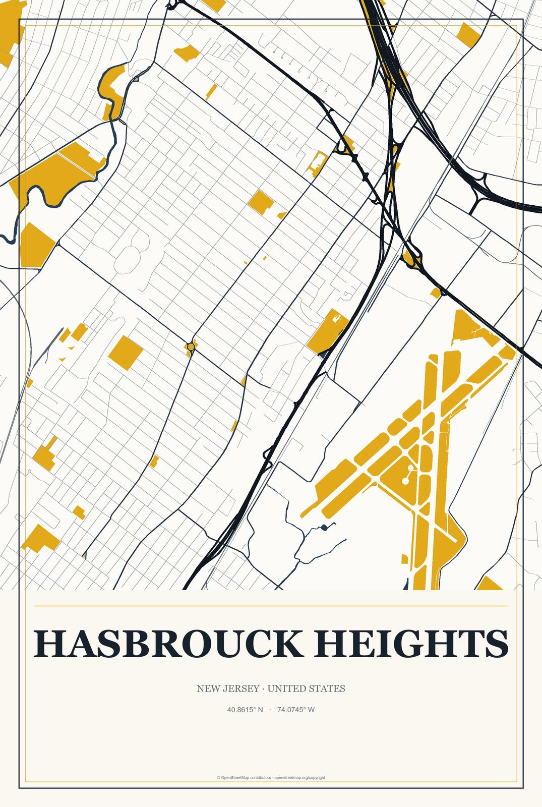 Hasbrouck Heights, New Jersey City Map Aluminum Sign in Citrine Modern style