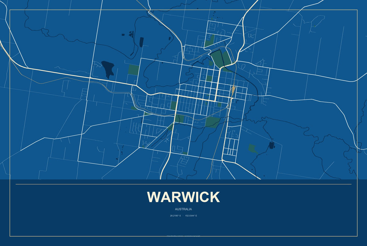 Warwick, Australia City Map Aluminum Sign in Harbor Cobalt style