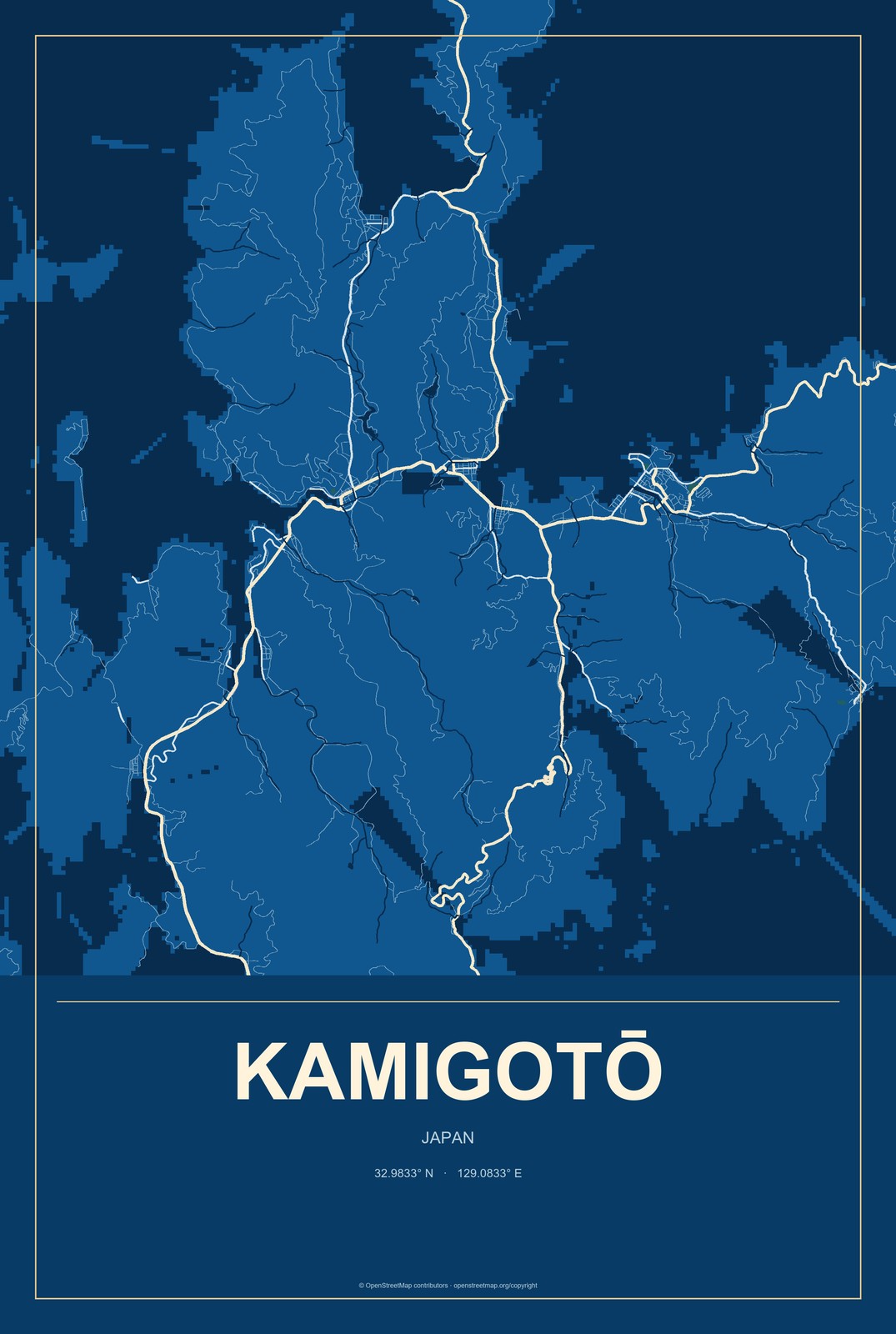 Kamigotō, Japan City Map Aluminum Sign in Harbor Cobalt style