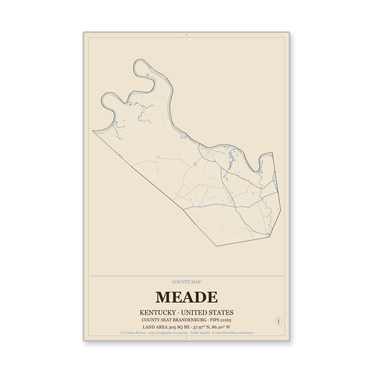 Meade County, Kentucky Map Aluminum Sign in Heritage Nautical style
