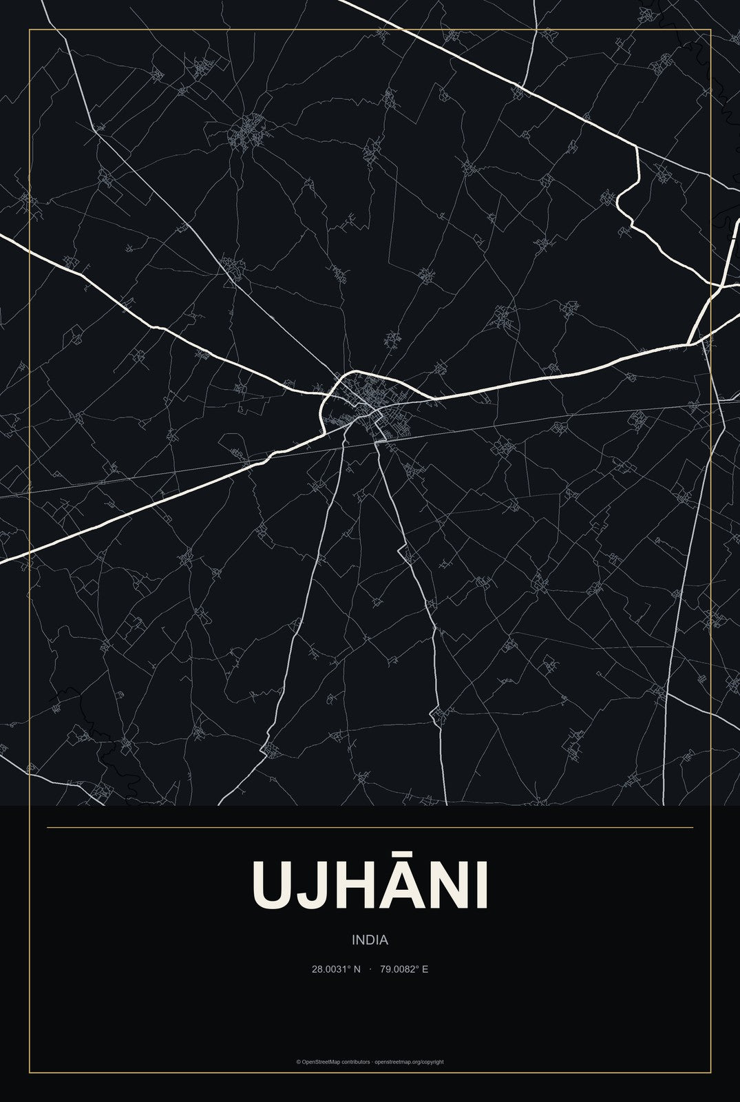 Ujhāni, India City Map Aluminum Sign in Metropolitan Noir style