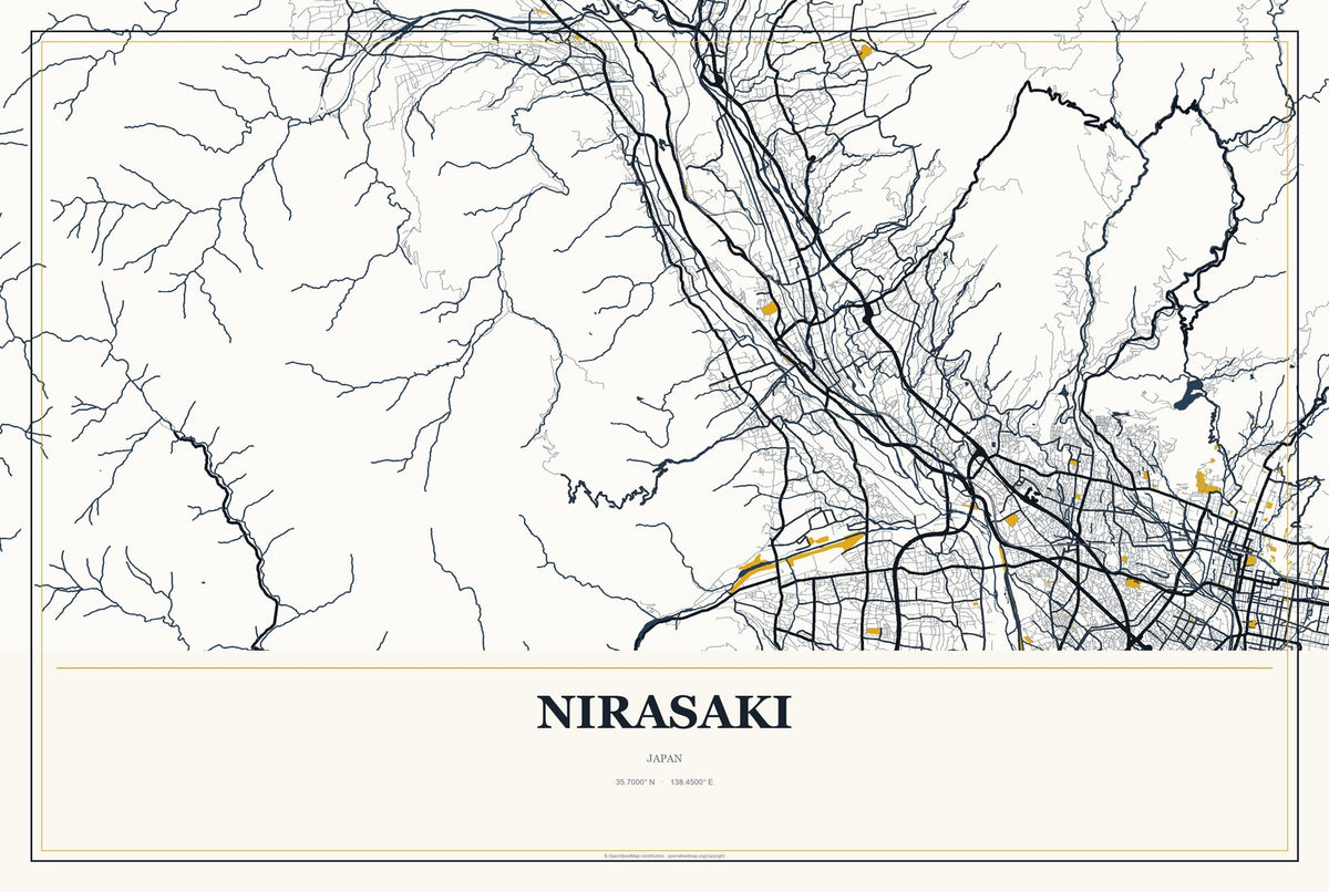 Nirasaki, Japan City Map Aluminum Sign in Citrine Modern style
