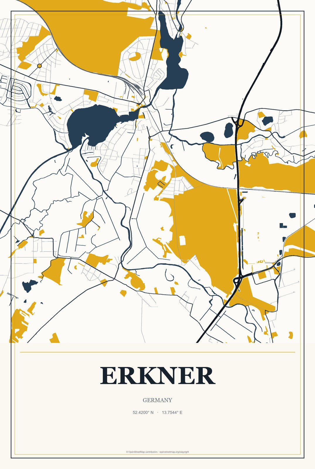 Erkner, Germany City Map Aluminum Sign in Citrine Modern style