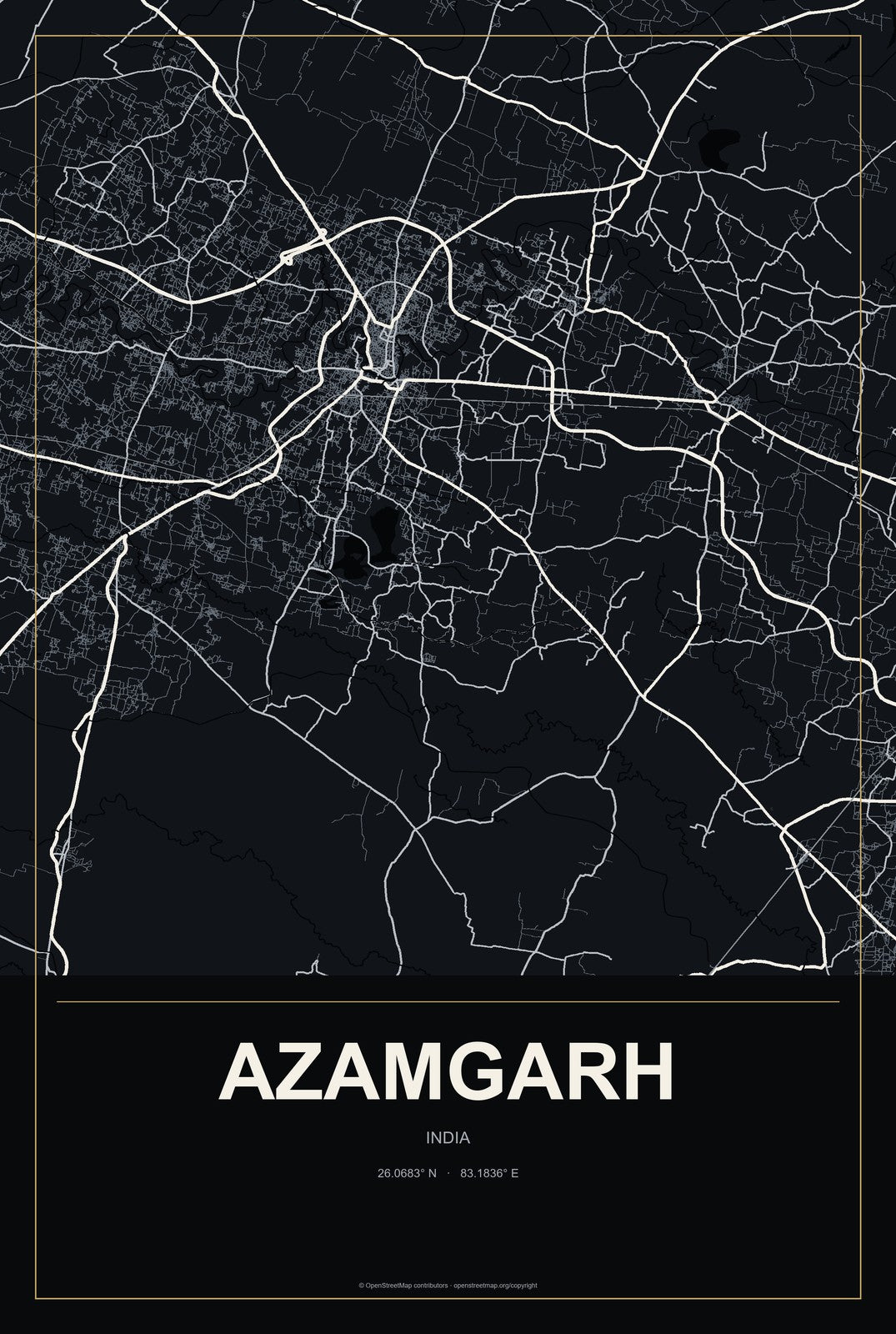 Azamgarh, India City Map Aluminum Sign in Metropolitan Noir style
