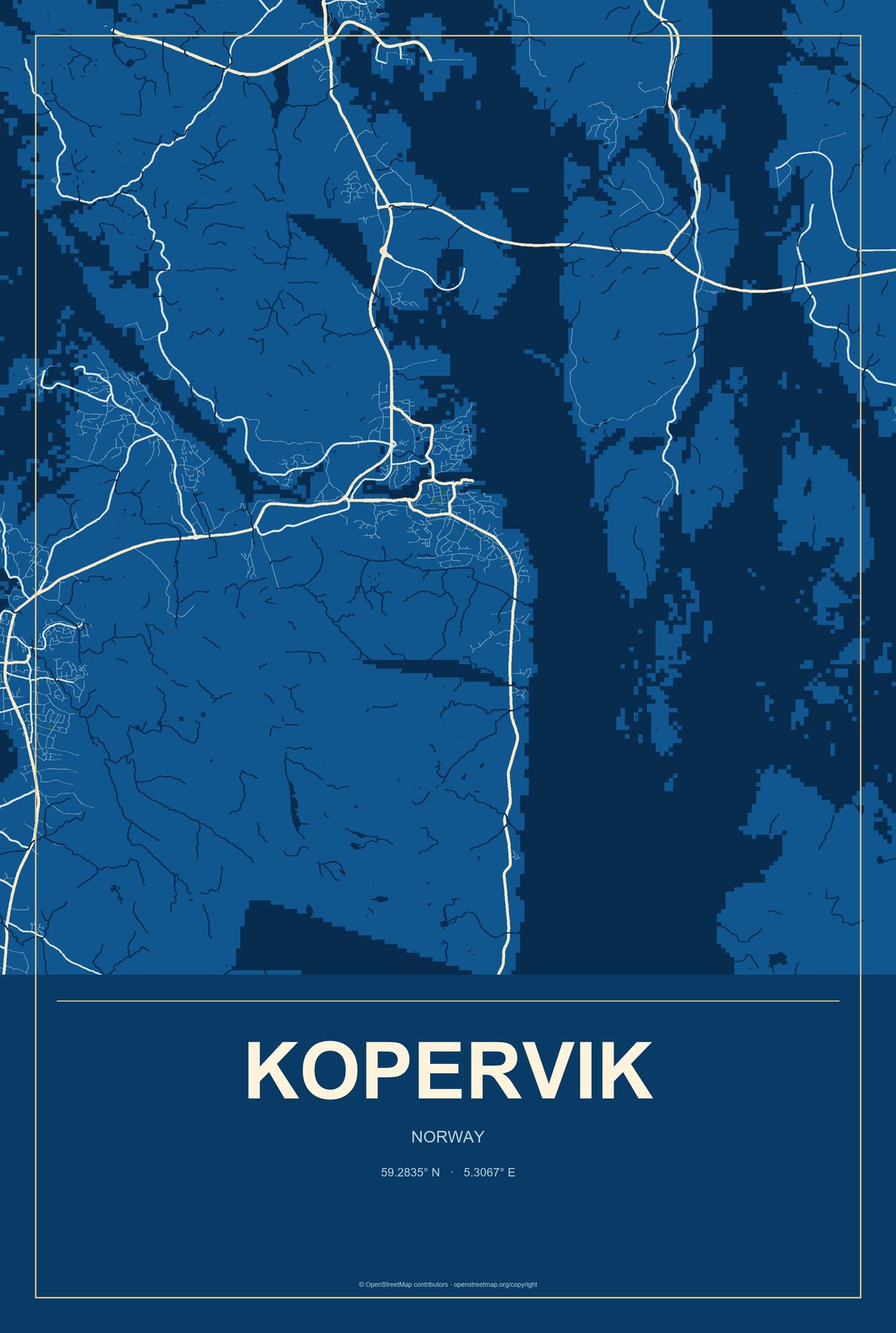 Kopervik, Norway City Map Aluminum Sign in Harbor Cobalt style