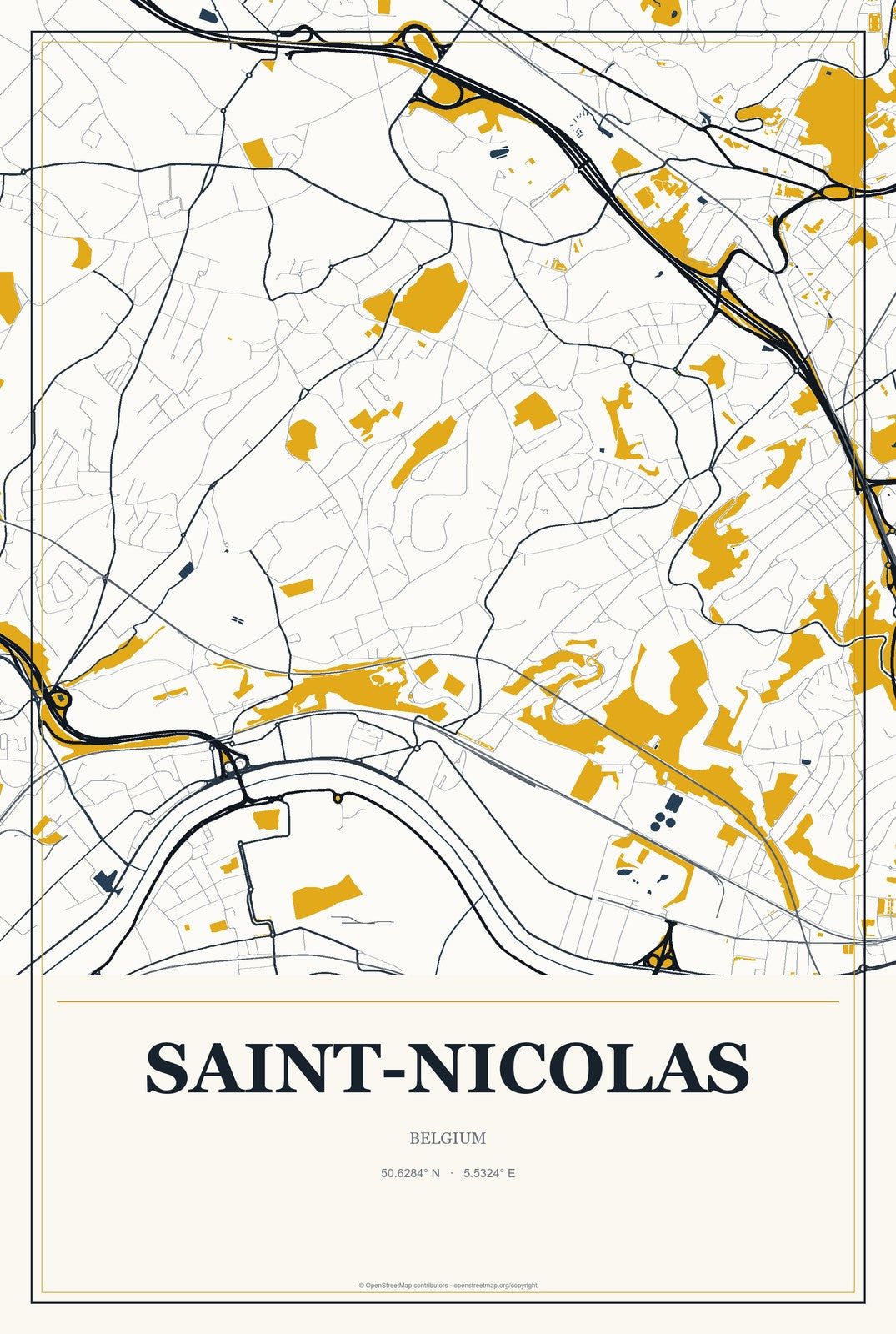 Saint-Nicolas, Belgium City Map Aluminum Sign in Citrine Modern style